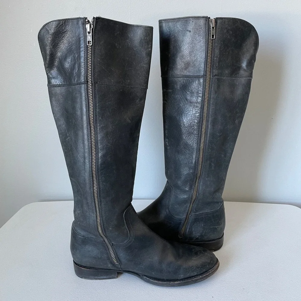 Frye Jamie Ring Tall Distressed Black Leather Riding Boots Size Women's 9